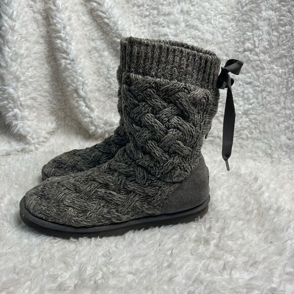 UGG Isla Gray knit sweater boots gray Gros  grain ribbon tie suede back SZ10 - Picture 1 of 15